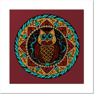 Owl Magic Mandala Turquoise Red and Gold Posters and Art